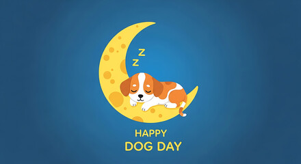 Adorable puppy sleeping peacefully on a crescent moon against a dark blue night sky, celebrating happy dog day with a whimsical and charming illustration