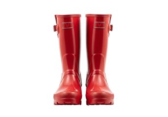 Pair of vibrant red rubber rain boots, presented against a stark black background, showcasing a polished finish and detailed design.