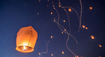 Sky Lanterns Rising into a Starry Night, a Metaphor for Releasing Wishes, Letting Go, and Hope for the Future
