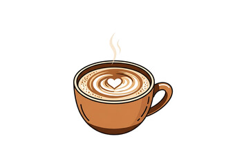 A warm latte art cup with steam rising, showcasing a heart-shaped design on top of the frothy cappuccino.