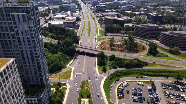 Modern architecture of the suburbs of Washington, D.C. Downtown Tysons, Virginia. Drone video.
