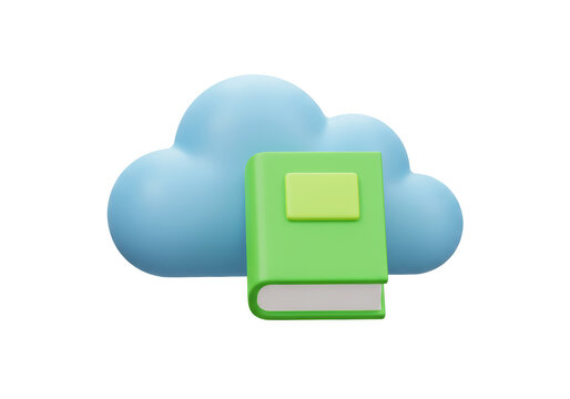 Isolated 3D Render of Green Book and Blue Cloud for Cloud Storage Education