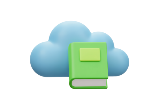 Isolated 3D Render of Green Book and Blue Cloud for Cloud Storage Education
