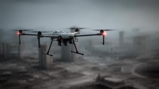 Focused medium shot of a sleek autonomous drone deploying sensors for hazardous air analysis amid a softly blurred wartorn cityscape emphasizing cuttingedge CBRN reconnaissance in