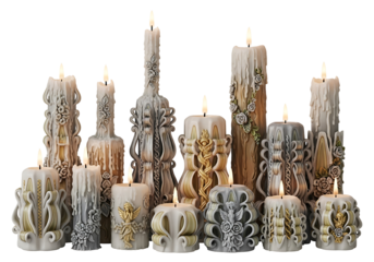 Ornate candles with intricate designs in various shades of beige, gray, and gold, casting a warm glow against a dark background.