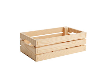 A light-colored wooden crate is displayed against a black background, showcasing its simple yet sturdy design.