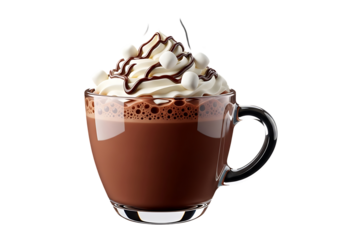 A glass mug filled with rich, hot chocolate, topped with whipped cream, marshmallows, and chocolate swirls.