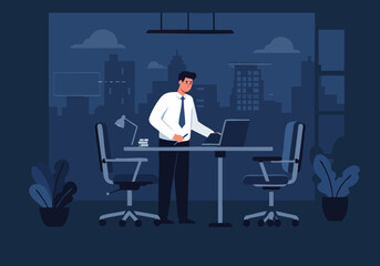 A professional man works late at his desk, troubleshooting on a laptop. A city skyline is visible through the window.  Nighttime office scene.