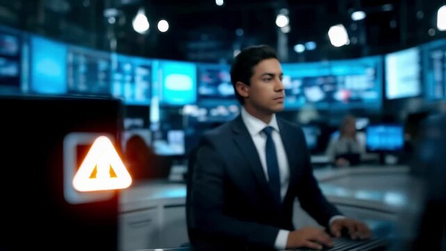 Medium shot capturing a glowing alert icon on a live chat dashboard as a sentient filter silences inappropriate comments with blurred silhouettes of a news anchor and studio