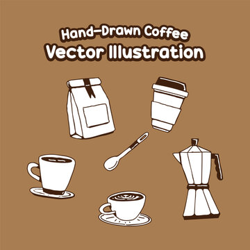 Hand-Drawn Coffee Vector Illustration, Coffee Cup, Moka Pot, Coffee Bag, and Cafe Accessories