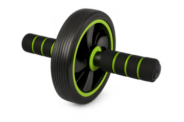Green and black ab roller wheel for fitness training on transparent background