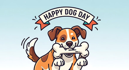 An adorable cartoon illustration of a happy brown and white dog holding a large bone in its mouth to celebrate a special canine appreciation day