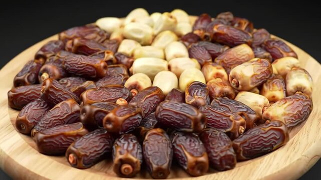 Close-up of Medjool and Khalas Dates on a Wooden Plate, Ready to Eat