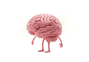 Isolated Pink Brain Character with Legs and Electrical Impulses, Creative Thinking