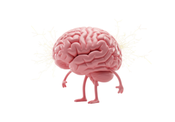 Isolated Pink Brain Character with Legs and Electrical Impulses, Creative Thinking