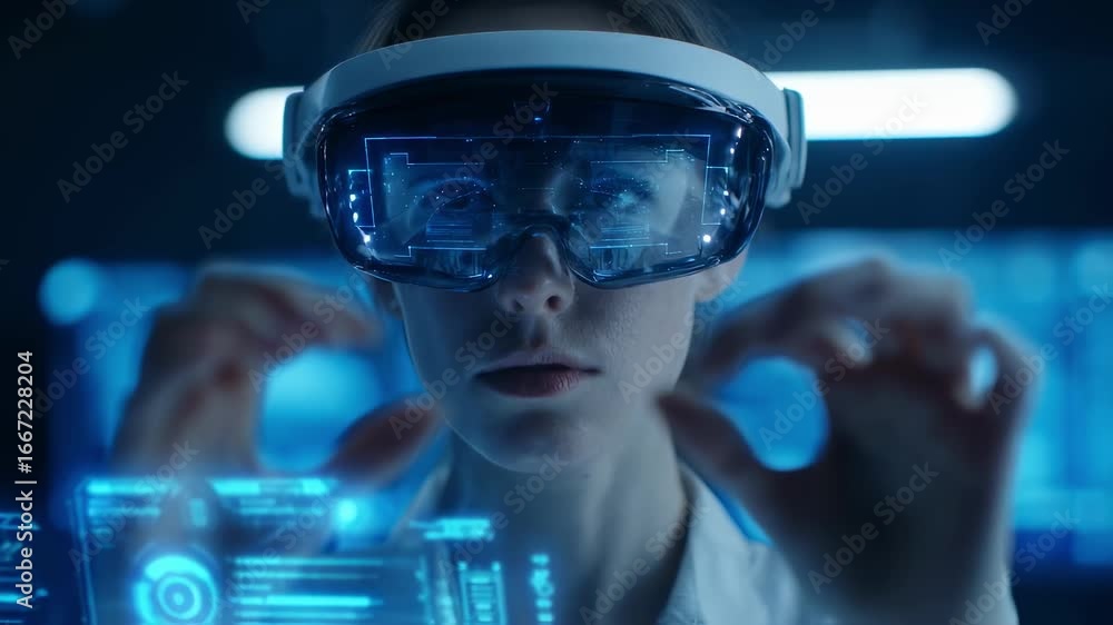 Poster medium shot of a professional with vr goggles interacting with a virtual cybersecurity interface sym
