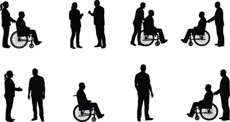 Wheelchair interaction silhouette, inclusive communication, social engagement, black vector art, disability support, diverse posture, accessible design, community clipart