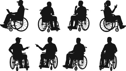Wheelchair silhouette, diverse activities, disabled person clipart, black vector art, inclusive posture, accessibility icons, daily life, gesture illustration