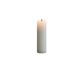 A single, illuminated candle stands tall against a pure black background, casting a warm glow.
