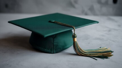 Green graduation cap with gold and green tassel on a textured surface
