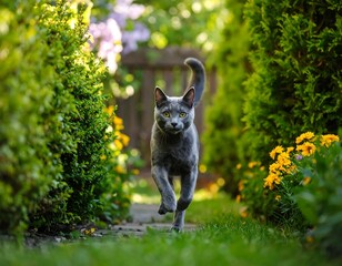 Fototapeta premium Gray cat running through a garden pathway