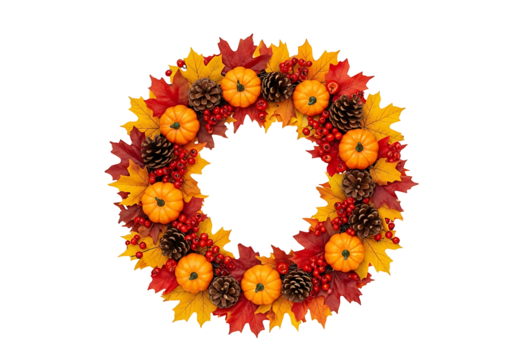 Vibrant autumnal wreath composed of colorful leaves, miniature pumpkins, pinecones, and berries, creating a festive and seasonal display against a bold black backdrop.