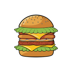 A delicious triple layer burger illustration featuring bacon cheese and pickles in vibrant colors