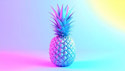 Vibrant pineapple with neon lighting in pink, blue, and purple hues.