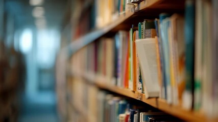 Medium shot of a hand reaching for a book on a library ladder the selected book crisp and clear with outoffocus shelves conveying depth in study zones.