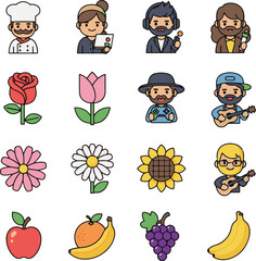 Cute 2D Character, Flower, and Fruit Icons