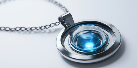 Close up of futuristic AI necklace with circular metallic pendant and glowing blue core, photorealistic render symbolizing advanced wearable technology, elegant design, and modern innovation.