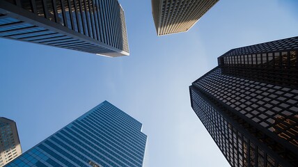 Low Angle View of Modern Skyscrapers Against Blue Sky