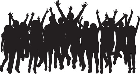 Silhouette of a large group of diverse people jumping and cheering with their arms raised