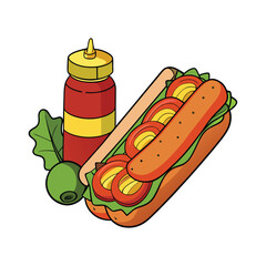 Delicious bacon wrapped hot dogs with tangy pickles and zesty mustard illustration