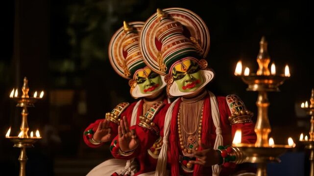 dramatic kathakali dancers performing at night. elaborate costumes, painted faces illuminated by flickering oil lamp kalivilakku. concept of traditional indian art, culture.