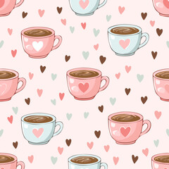 Seamless cute coffee and tea cups with hearts pattern. Perfect for Valentine’s Day, love themes, wrapping paper, textiles, backgrounds, and romantic holiday designs