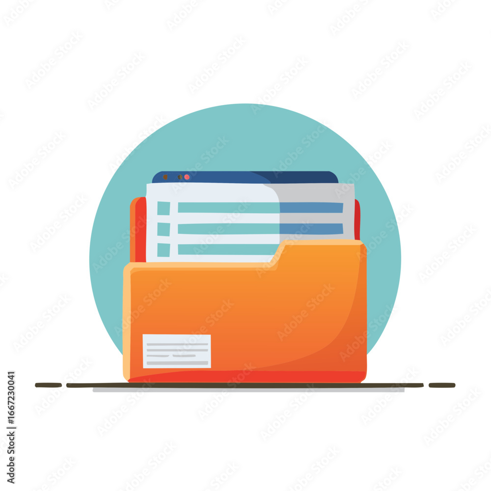 Aufkleber organized digital files and business documents in an orange folder with browser data modern flat des