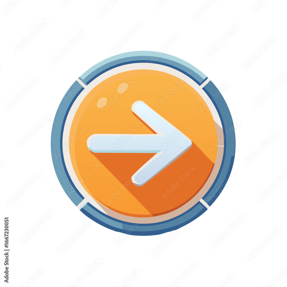 Poster flat design right arrow icon in orange circle with blue frame for forward navigation