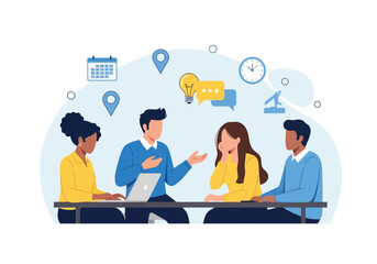 Vector art of a diverse team of professionals engaged in a collaborative meeting, discussing ideas and planning strategies around a table with a laptop, symbolizing teamwork and business success