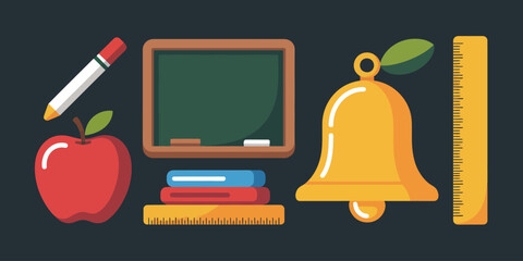 Illustration of school supplies including an apple, books, bell, ruler, board, and a marker pen
