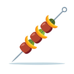 Barbecue kebab with meat and peppers on a metal skewer flat design illustration