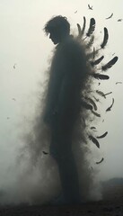 A human silhouette outlined only by floating feathers, ghostly form