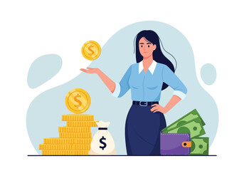 Vector art of woman holding gold coin with stacks of coins, money bag, and wallet with banknotes, representing financial success and wealth management