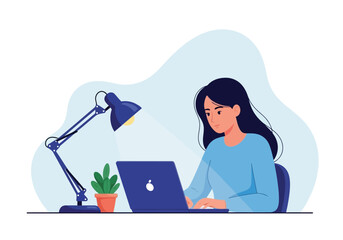 Vector art of woman working on a laptop at a desk with a lamp and plant, focused on her task