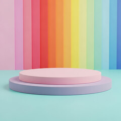 Soft pink pedestal with pastel rainbow backdrop for product display and presentation