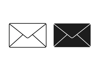 Vector art of set of two envelope icons, one outlined and one solid black, representing mail and communication