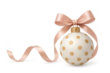 White Christmas ball with golden polka dots and pink ribbon on transparent background