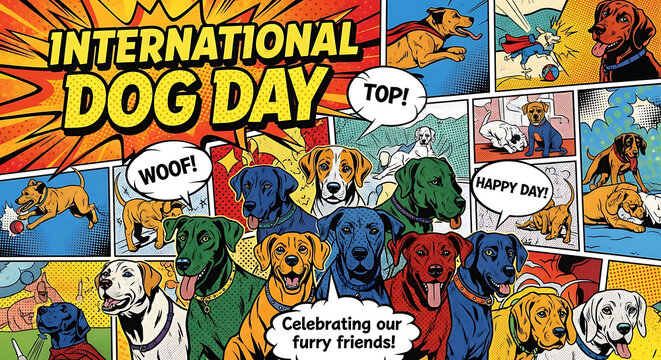International dog day celebration with a diverse group of happy dogs of various breeds and colors, depicted in a vibrant comic book style with text like woof and top, celebrating our furry friends - Powered by Adobe