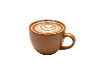 A warm, light brown ceramic mug holds a latte art coffee drink, showcasing a delicate heart-shaped pattern on the frothy top, against a stark black background.