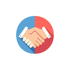 Symbolic Handshake Icon on Red and Blue, Representing Collaboration or Deal Agreement, Flat Design
